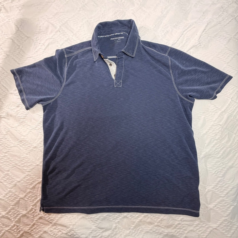 Johnston & Murphy Mens XL Navy Blue Slub Knit Polo Contrast Stitch 74-2573